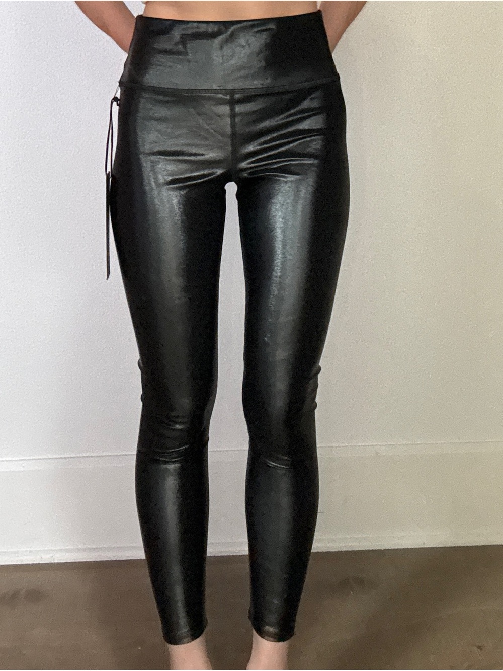 High-Rise Black Faux Leather Leggings with Side Tie